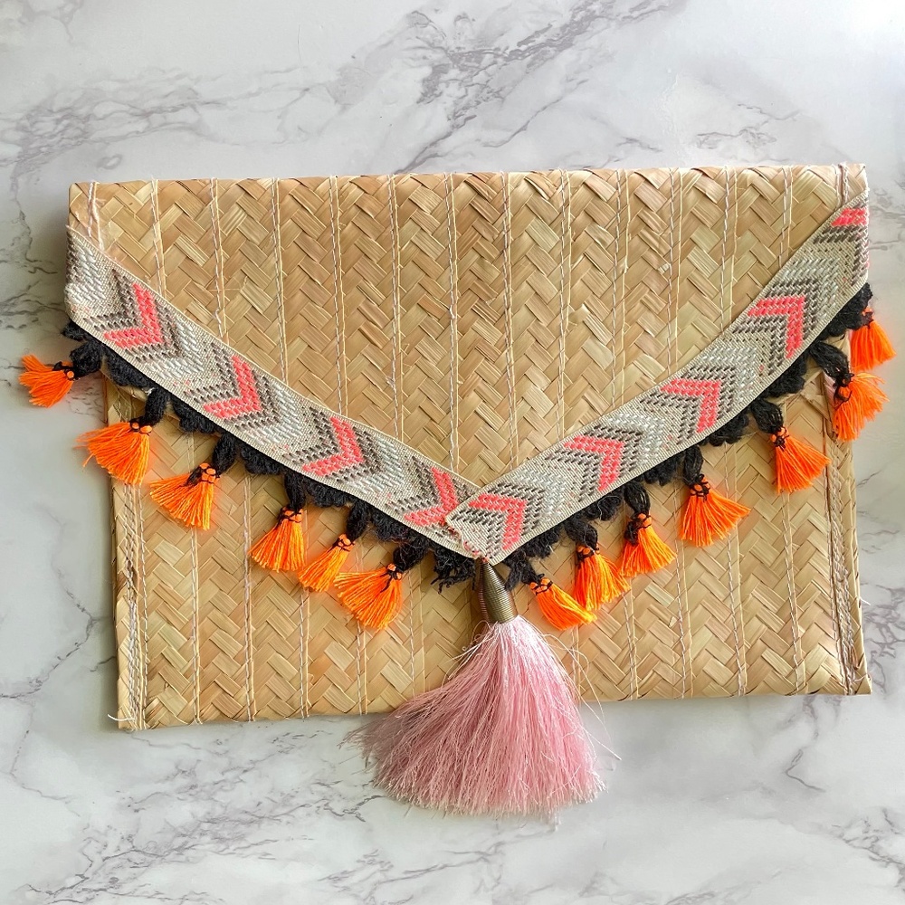 Colorful Strawbag Mexican Clutch Bright Resortwear Rattan Purse Beach Vacation